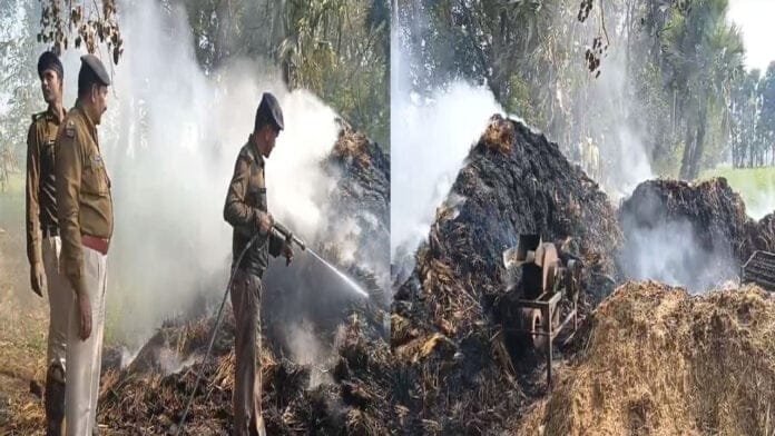 शॉर्ट सर्किट के कारण किसान के खलिहान में लगी आग