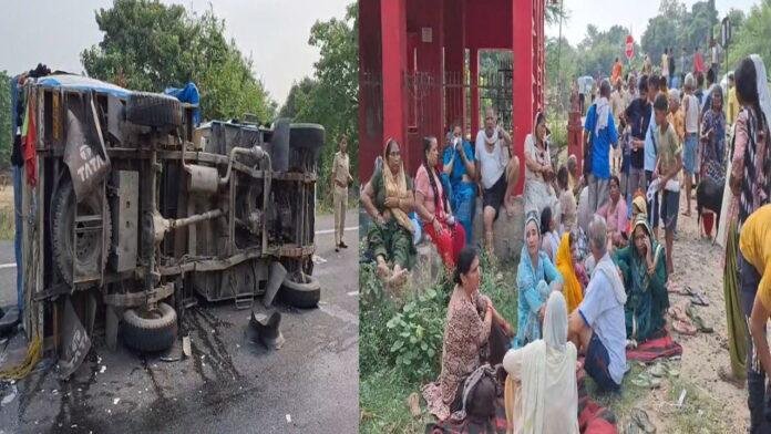 पिकअप से टक्कर के बाद गड्ढे में गिरी बस, 6 घायल