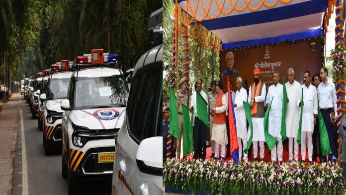 मुख्यमंत्री ने सड़क सुरक्षा, यातायात व्यवस्था व मानव व्यापार निषेध के सुदृढ़ीकरण हेतु पुलिस वाहनों को दिखायी हरी झंडी