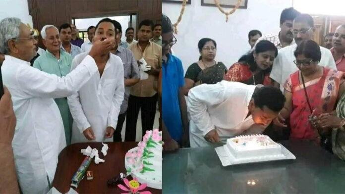 बेटे निशांत के जन्मदिन पर केक खिलाते दिखे CM नीतीश