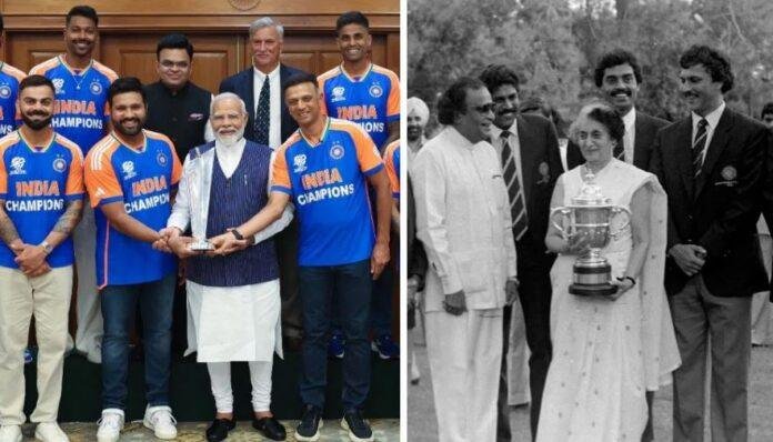 पीएम मोदी ने खिलाड़ियों को सम्मान देने के लिए ट्रॉफी को हाथ नहीं लगाया। पीएम मोदी के इस कदम के लिए उनकी जमकर तारीफ की जा रही है। दूसरी ओर 1983 वर्ल्ड कप के बाद खिंची गई पूर्व प्रधानमंत्री इंदिरा गांधी की एक फोटो भी सोशल मीडिया पर वायरल हो गई है जिसमें वर्ल्ड कप उनके हाथ में है जबकि खिलाड़ी आसपास खड़े हैं।