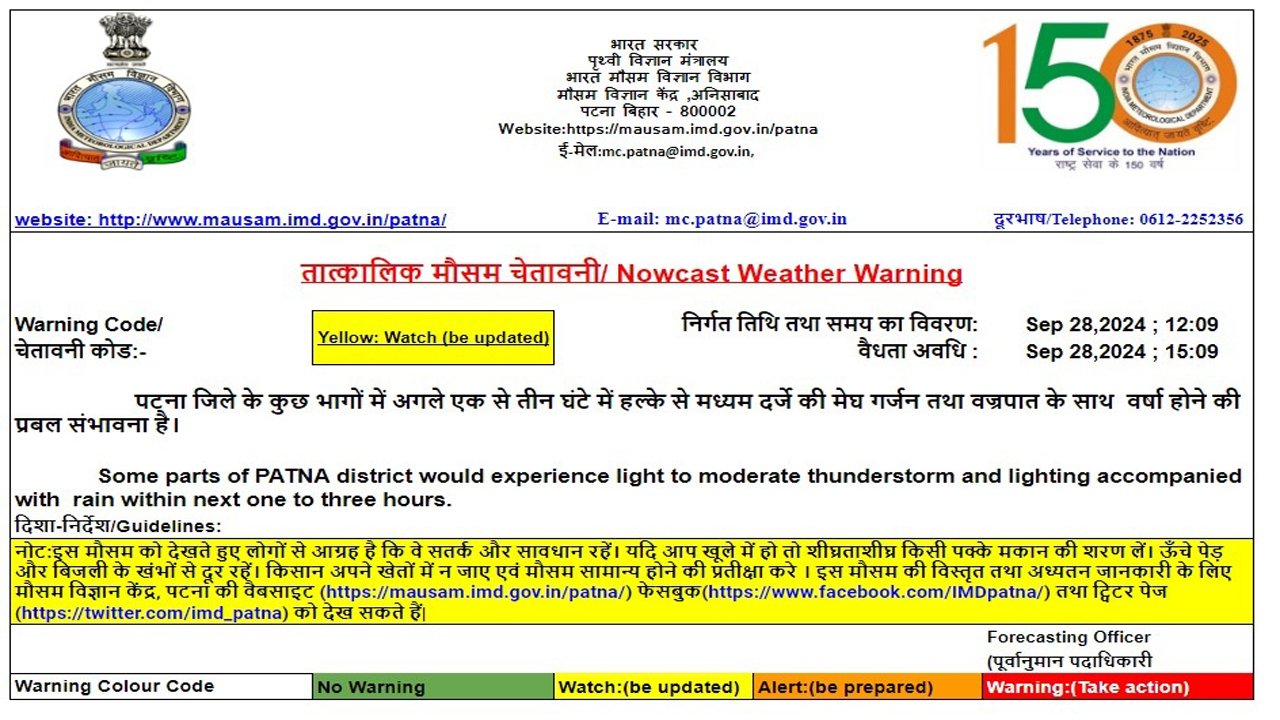 मौसम विभाग का अलर्ट जारी, बिहार के 5 जिलों भारी बारिश की चेतावनी