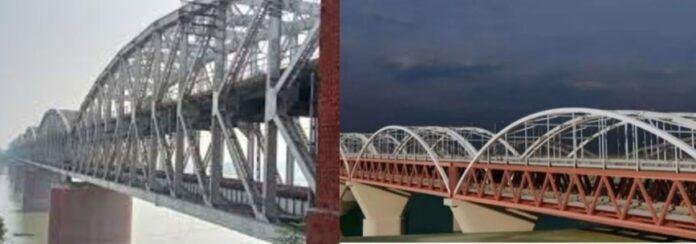 वाराणसी में राजघाट पर स्थित मौजूदा मालवीय पुल बाएं और दाएं प्रस्तावित नए पुल का परिकल्पित मॉडल।