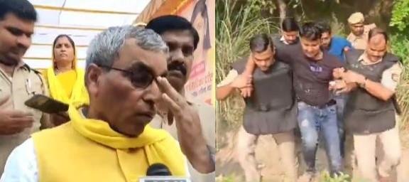 Bahraich Encounter : अखिलेश और ओवैसी से मंत्री ओपी राजभर ने पूछा – ..तो फायरिंग करने वालों पर फूलों की वर्षा करे पुलिस? बहराइच एनकाउंटर में घायल आरोपियों को अस्पताल ले जाती पुलिस (दाएं) और एनकाउंटर पर प्रतिपक्षियों के आरोपों पर पलटवार करते मंत्री ओपी राजभर (बाएं)