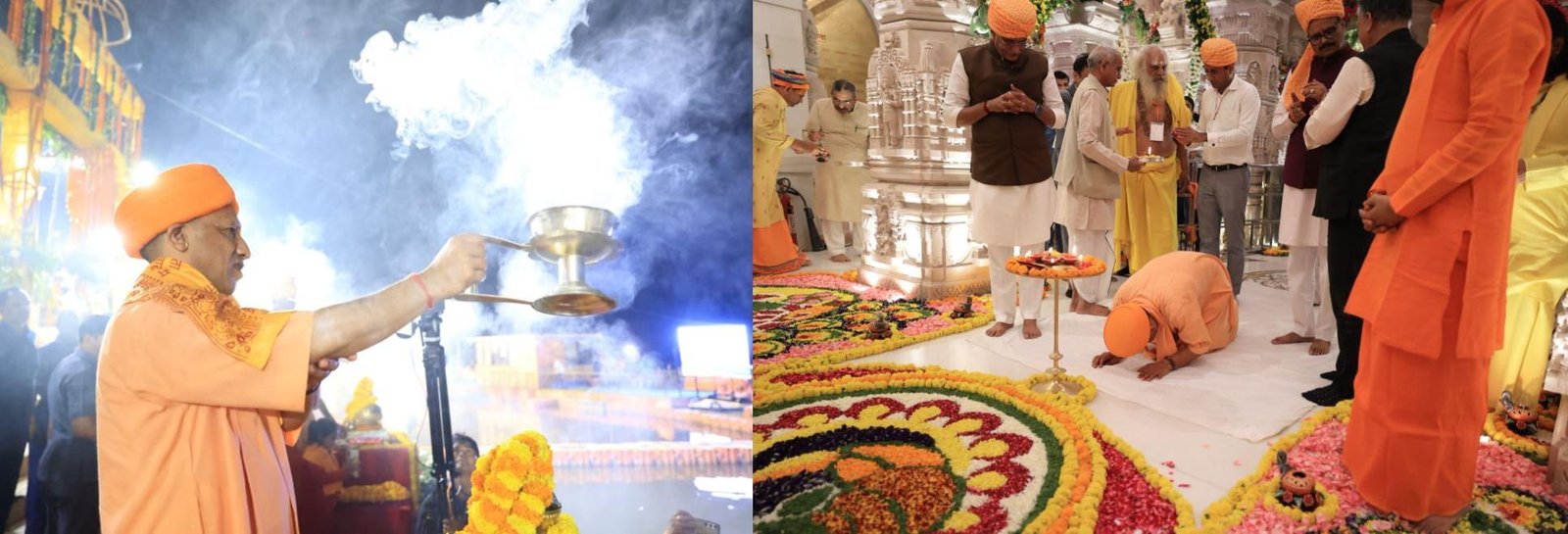 अयोध्या में दीपोत्सव के दौरान सीएम योगी ने सरयू तट पर की आरती और रामलला के आगे हुए नतमस्तक। 