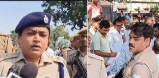 भदोही में सोमवार को दिनदहाड़े हुई हत्या के बाद मौके पर पहुुंचीं एसपी और जुटी भीड़।