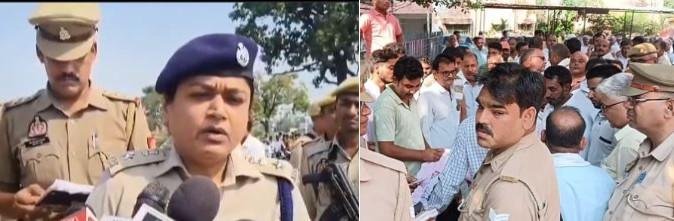 भदोही में सोमवार को दिनदहाड़े हुई हत्या के बाद मौके पर पहुुंचीं एसपी और जुटी भीड़।