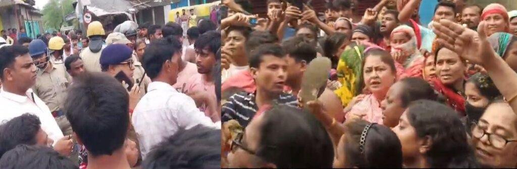 जयनगर में नाराज भीड़ में घिरे पुलिस अधिकारी