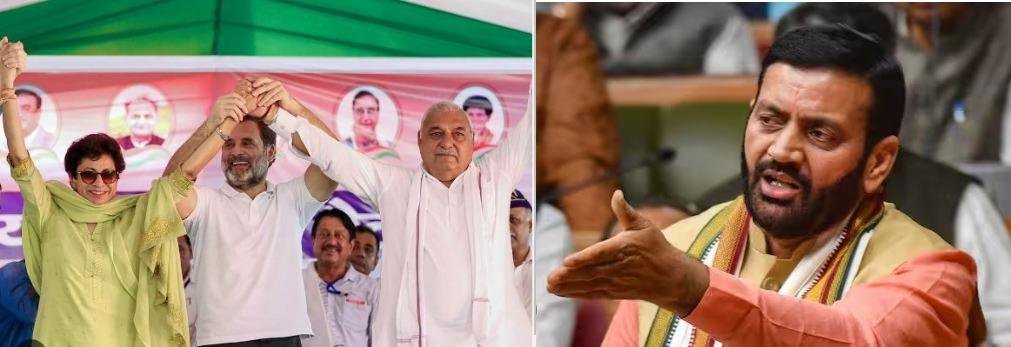 कांग्रेसी गुटबाजी को थामने का मंच पर प्रयास करते राहुल गांधी और दूसरी ओर भाजपा के तरकश से तीर छोड़ते सीएम नायब सैनी।