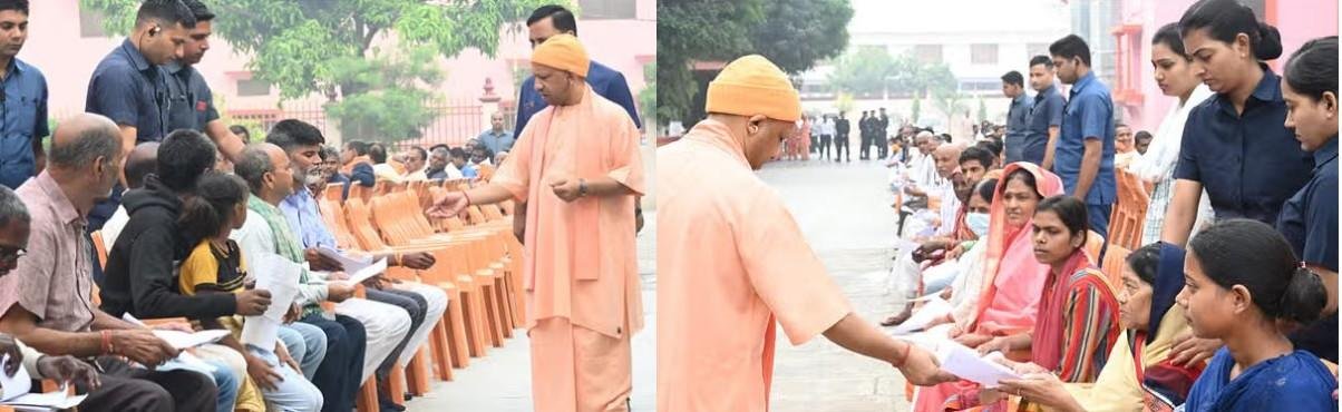 शनिवार को यूपी के गोरखपुर स्थित गोरखनाथ मंदिर में आयोजित जनता दर्शन कार्यक्रम में लोगों की शिकायतों का निस्तारण करते सीएम योगी।
