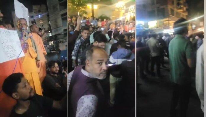 चटगांव के चेरागी पहाड़ मोड़ पर सोमवार शाम विक्षोभ प्रदर्शन करते अल्पसंख्यक हिंदू।