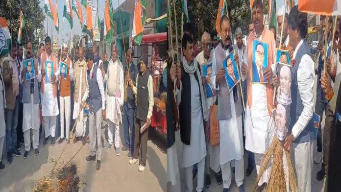 अंबेडकर पर टिप्पणी के खिलाफ कांग्रेस का विरोध मार्च, शाह का पुतला फूंका