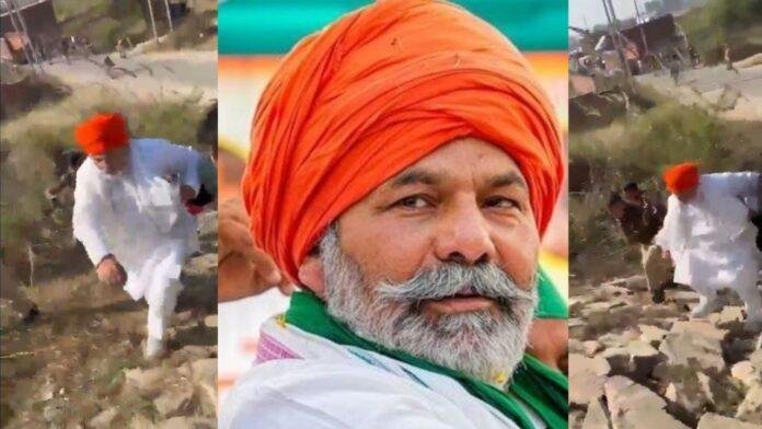 अलीगढ़ के टप्पल थाने से भागते हुए राकेश टिकैत की तस्वीरें।