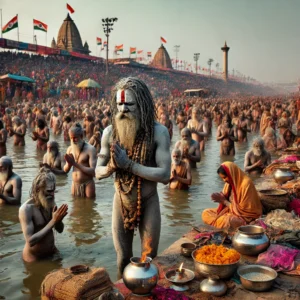 DALL·E 2025 01 19 11.36.04 A scene from the 2025 Maha Kumbh Mela in Prayagraj showcasing Naga Sadhus the ascetic Hindu holy men covered in ash and wearing minimal clothing e 22Scope News