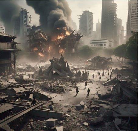 तेज भूकंप से बैंकॉक और म्यांमार में मची तबाही, 15 की मौत और 43 लापता म्यांमार और बैंकॉक में शुक्रवार को भूकंप के बाद के मंजर की AI जेनरेटेड तस्वीर