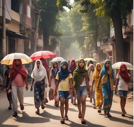 चालू गर्मी में हीटवेव को लेकर केंद्र का निर्देश - हर पब्लिक प्रोगाम में प्रति व्यक्ति 2 लीटर पानी का रहे इंतजाम हीटवेव-लू से लोगों की परेशानी को दर्शाती AI जेनरेटेड तस्वीर