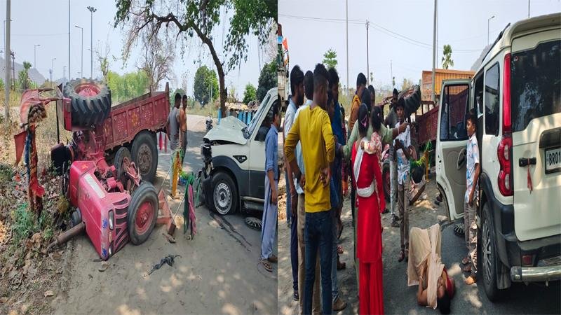 ट्रैक्टर और स्कॉर्पियो में जबरदस्त टक्कर, महिला का हाथ टूटा