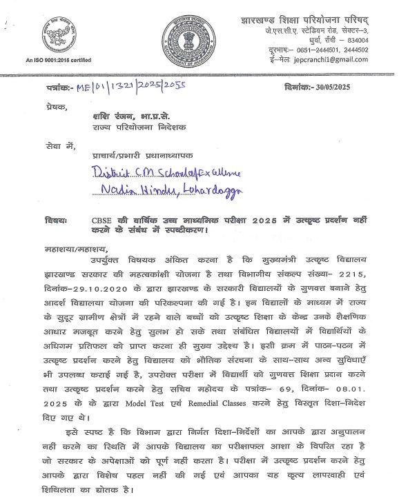Breaking : 12वीं परीक्षा में मुख्यमंत्री उत्कृष्ट विद्यालयों के खराब प्रदर्शन पर शिक्षा विभाग सख्त, शोकॉज नोटिस जारी...