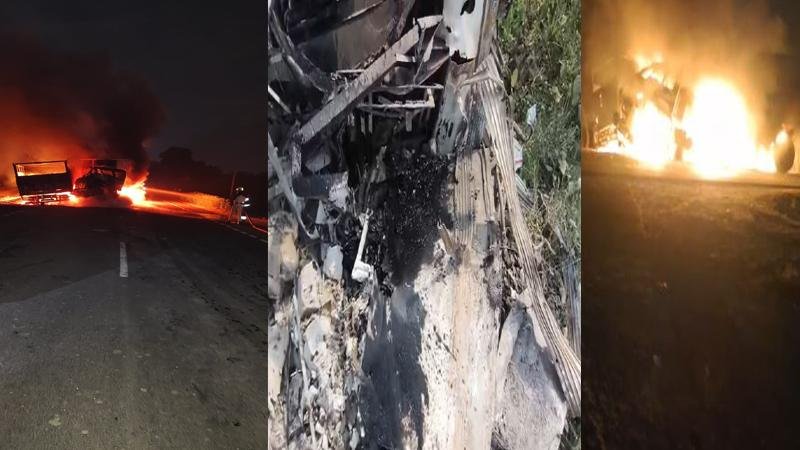 रफ्तार का कहर, ट्रक व हाइवा के बीच टक्कर, धू-धूकर जल गया ट्रक, एक की मौत