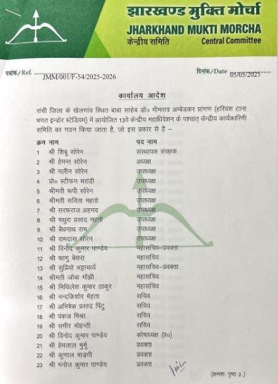 Breaking : झामुमो की नई केंद्रीय कार्यकारिणी समिति का गठन, स्टीफन मरांडी सहित ये 8 चुने गए उपाध्यक्ष... Breaking : नलिन सोरेन बने महासचिव