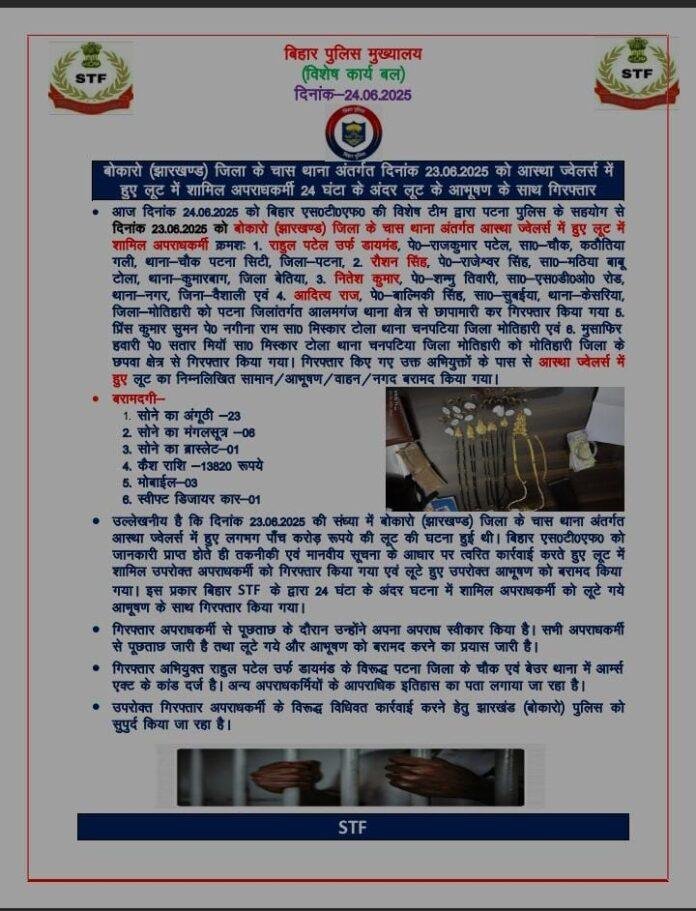 बोकारो के आस्था ज्वेलर्स लूटकांड का खुलासा