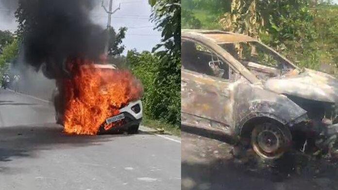 बीच सड़क पर धू-धूकर जली कार, मची अफरा-तफरी, कोई नुकसान नहीं