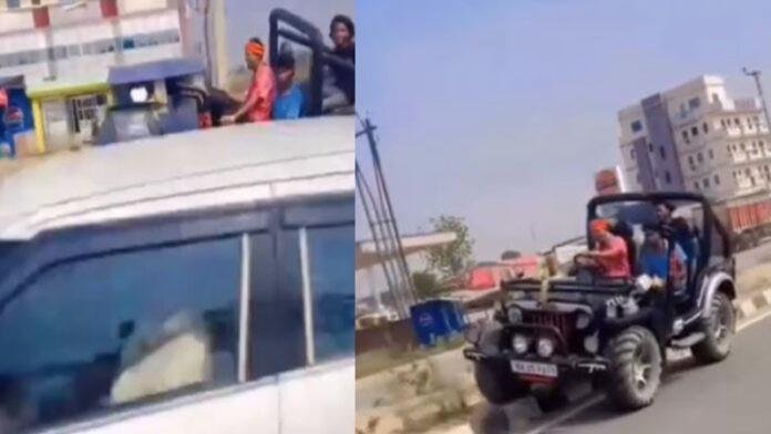 डिवाइडर पर जीप चढ़ाकर स्टंटबाजी करते दिखे 3 युवा, सोशल मीडिया पर Video Viral