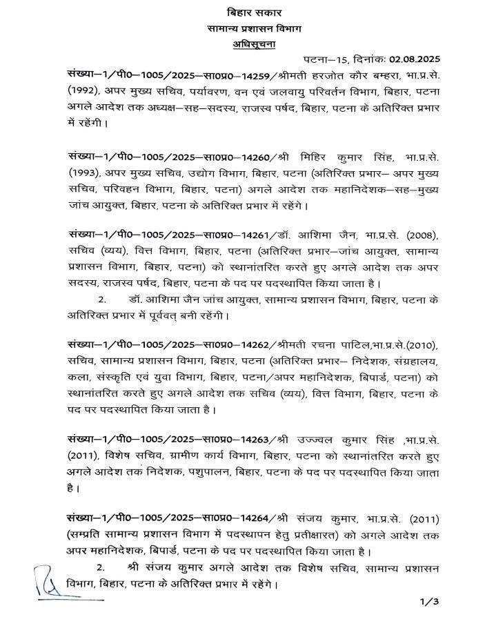 बिहार में फिर 10 IAS अधिकारियों का तबादला