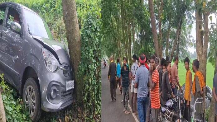 राजपुर चौक के पास बाइक को बचाने में कार पेड़ से टकरायी, बाल-बाल बचे लोग