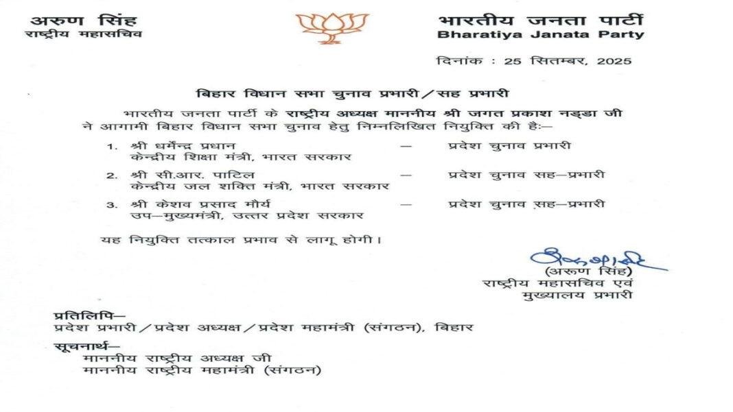 बिहार में चुनाव की सुगबुगाहट शुरू, BJP ने चुनाव प्रभारियों का किया ऐलान