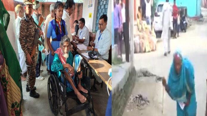 बिहार चुनाव : तारापुर में पोलिंग बूथ पर पैदल पहुंची बुजुर्ग महिला