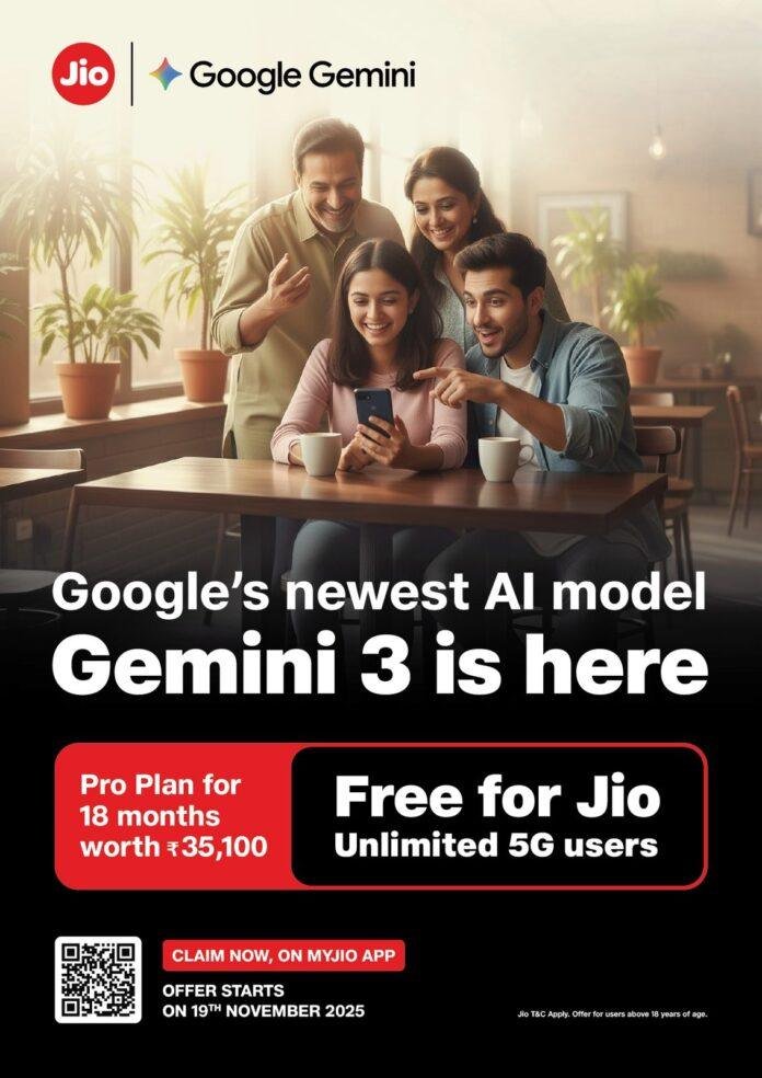 JIO का बड़ा ऐलान: सभी 5G यूजर्स के लिए 18 महीने तक फ्री मिलेगा Gemini 3 Pro Plan