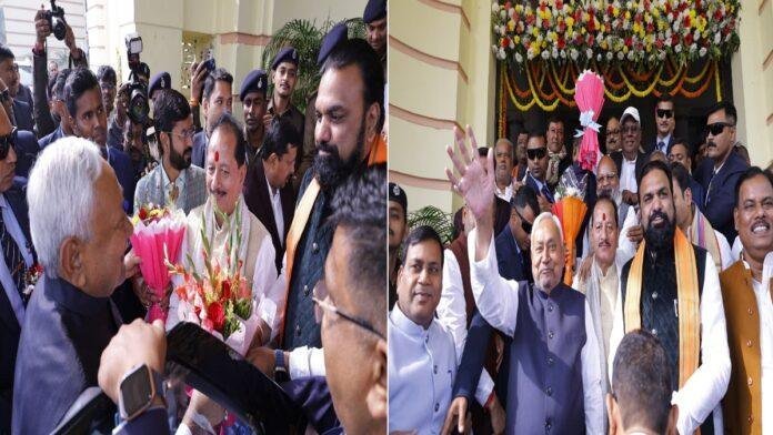 विधानसभा पहुँचे मुख्यमंत्री नीतीश कुमार, उपमुख्यमंत्री सम्राट चौधरी और विजय सिन्हा ने गुलदस्ता देकर किया स्वागत
