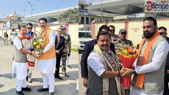 पटना पहुंचे नितिन नवीन, एयरपोर्ट पर संजय व सम्राट ने की भव्य स्वागत
