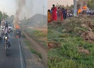 चलती स्कॉर्पियो में लगी आग, धू-धू कर जली, वरिष्ठ महाप्रबंधक सहित 3 लोग बाल-बाल बचे