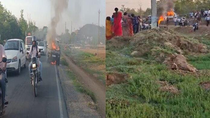 चलती स्कॉर्पियो में लगी आग, धू-धू कर जली, वरिष्ठ महाप्रबंधक सहित 3 लोग बाल-बाल बचे