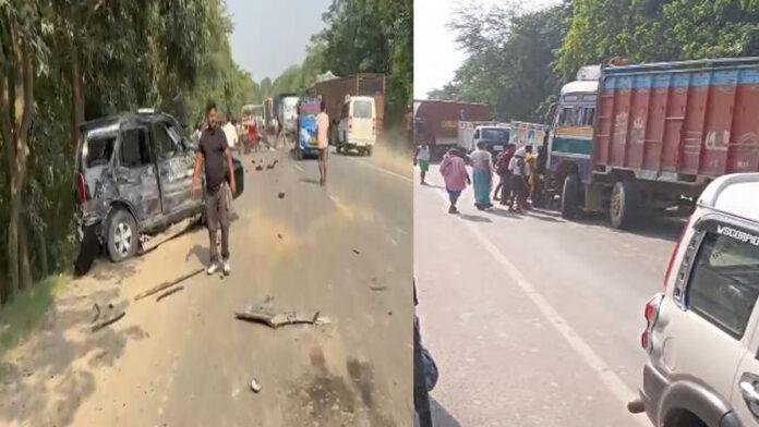 Khagria Acc खगड़िया में भीषण सड़क हादसा, स्कॉर्पियो, ट्रक व ऑटो की टक्कर, एक नवजात समेत 7 की मौत