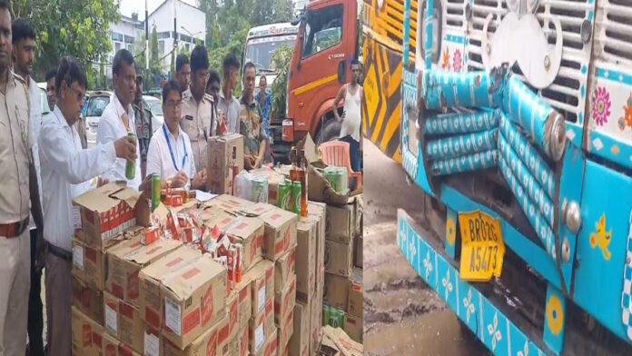 ट्रक से उतार कर पिकअप पर लोड किया जा रहा भारी मात्रा में विदेशी शराब जब्त