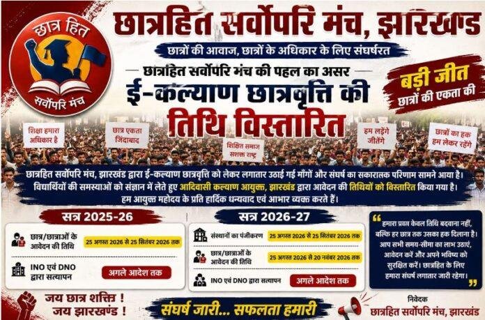 Jharkhand e-Kalyan Scholarship: छात्रवृत्ति आवेदन की तिथि बढ़ी, जानें 2025-26 और 2026-27 की नई डेट