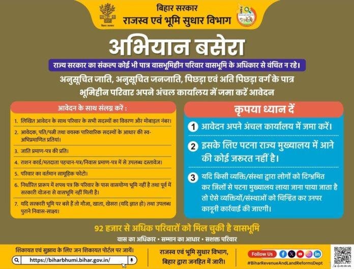 Abhiyan Basera Bihar: अभियान बसेरा के तहत जमीन का मालिकाना हक पाने का मौका, जानिए आवेदन की पूरी प्रक्रिया