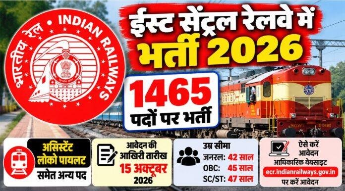 Railway Recruitment 2026: ईस्ट सेंट्रल रेलवे में 1465 पदों पर भर्ती, ALP समेत अन्य पदों के लिए आवेदन शुरू